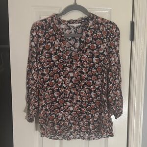 fun 2 fun Black and Pink Ruffled Blouse with 3/4 Sleeves and Mandarin Collar